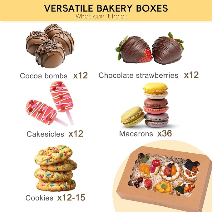 Moretoes 15pcs Bakery Boxes, 12x8x2.5 Inches Auto-Popup Cookie Boxes with Windows for Chocolate Covered Strawberries, Donuts, Pastries (Brown)