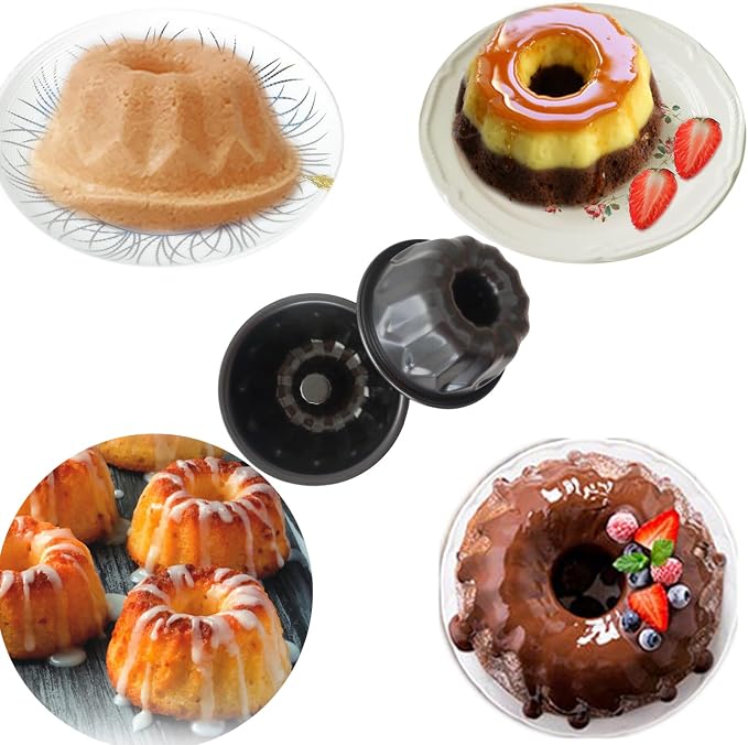 4 Inch Small Buntz Cake Pan, Special Fluted Tube Cake Pans, Nonstick Individual Kugelhopf Molds - Black, 4Pcs