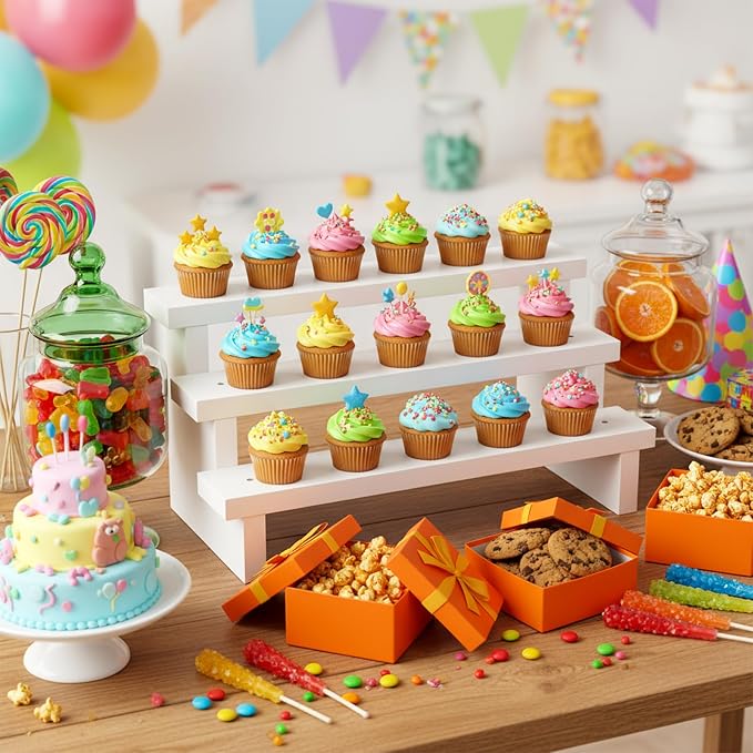 2Pcs Wood Cake Pop Stand 3 Tier Wood Lollipop Holder 17 Hole Sucker Display Riser with Lollipop Sticks & Gold Twist Ties for Dessert Table of Wedding Baby Shower Birthday Party