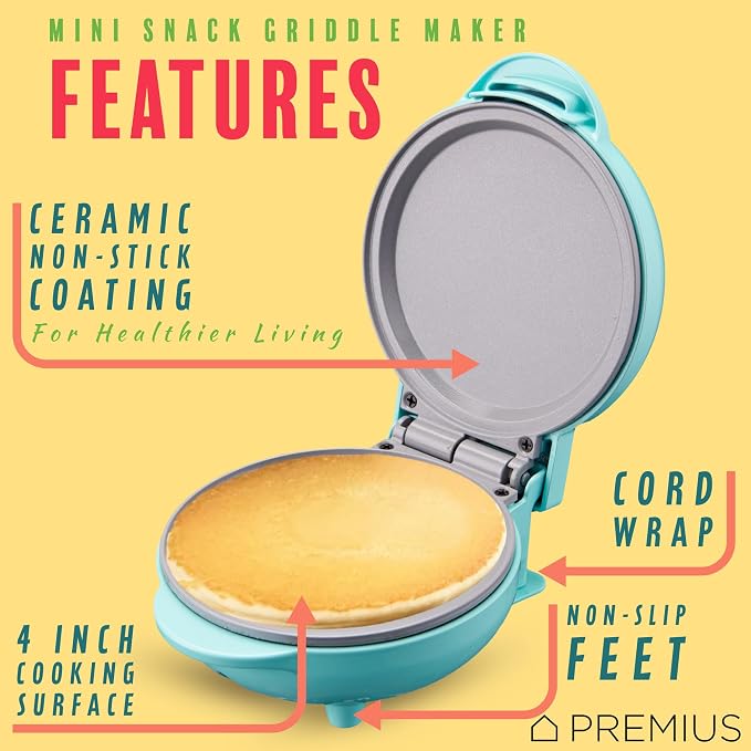 Ceramic NonStick Mini Snack Griddle Maker, 4” Mold, Quick Heat Up, Individual Fluffy Pancakes, Grilled Cheese, Eggs, Pizzas, Cookies & On-the-Go Breakfast & Lunch, Just Add Batter (Turquoise)