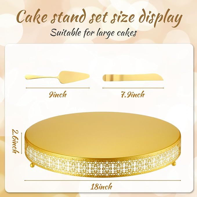 Wenqik 18 Inch Gold Cake Stand Set Metal Round Cupcake Dessert Wedding Cake Stand with Cutting & Spatula Cookies Display Holder Fruit Serving Tray for Table Wedding Birthday Anniversary Party