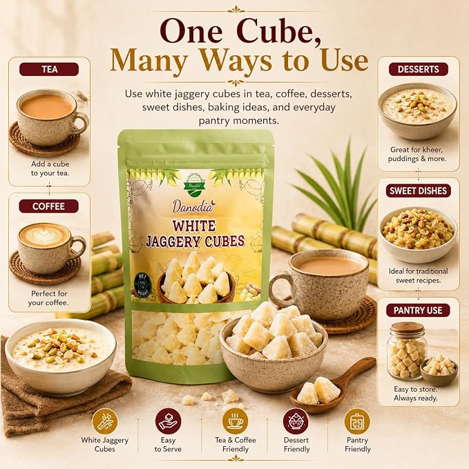 Danodia Foods Organic White Jaggery Cubes, Cane Gur Sweetener, 1 lb Pack | Jaggery gur pieces for chai, coffee, desserts and cooking; Gluten-Free, Vegan; traditional Indian cane sweetener; pantry use