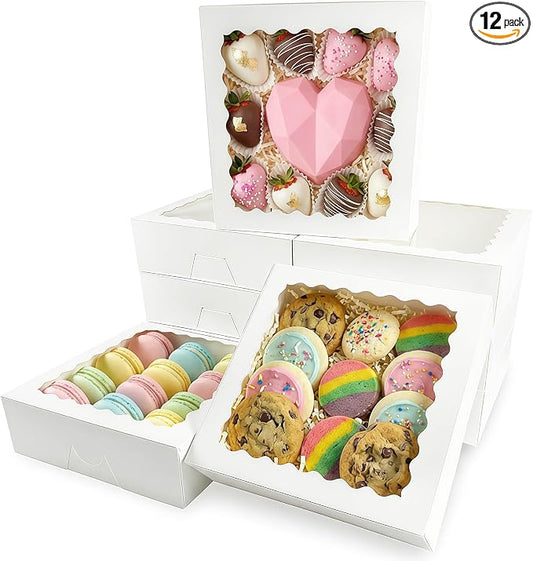 12 Pack White Pie Box Bakery Boxes with Window, 8 x 8 x 2.5 Inches Auto-Popup Cookie Boxes Treat Boxes for Chocolate Strawberries, Pastries, Muffins, Donuts