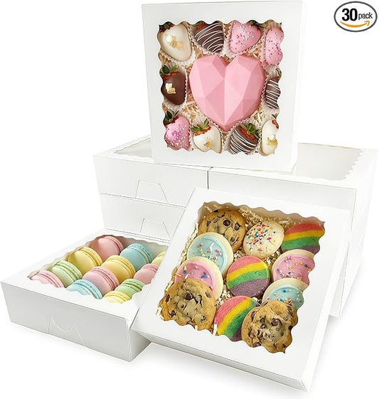 30 Pack White Pie Box Bakery Boxes with Window, 8 x 8 x 2.5 Inches Auto-Popup Cookie Boxes Treat Boxes for Chocolate Strawberries, Pastries, Muffins, Donuts