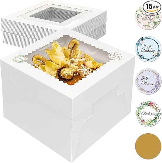 TLAZZ 15 Pcs 10x10x8 Inch Tall Cake Boxes with Window, White Square Cheesecake Bakery Boxes, Large Cardboard Cake Baking Boxes with 90 Stickers for Cakes, Pies, Wedding, Birthday Party