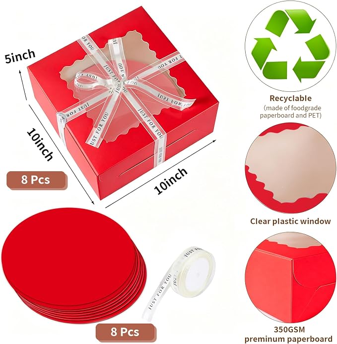 16pcs 10x10x5 Inches Cake Boxes,8pcs Red cake Box and 8pcs Boards,Cajas Pasteles for Disposable 10 inch Cake box with Window (Red, 10 * 10 * 5inch/16pcs)