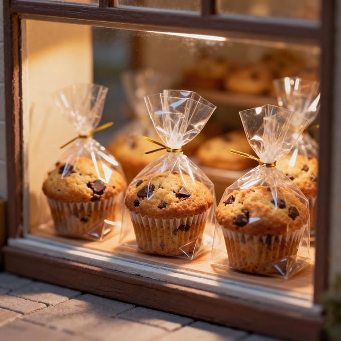 JCXGRVC 200 Pack 6"x2.4"x7" Cellophane Muffin Bags with Gold Twist Ties Flat Bottom Food Safe Bakery Packaging for Cupcakes Cookies Brownies Strawberries Macarons Perfect for Party Favors Catering