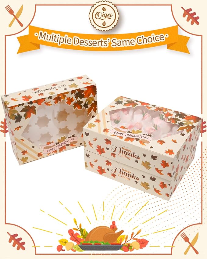 qiqee Thanksgiving 12 Cupcake Boxes with Window 16-Packs Cupcake Box 13"x10"x3.5" Cupcakes Carrier, 12 Cupcake Containers For Thanksgiving Day