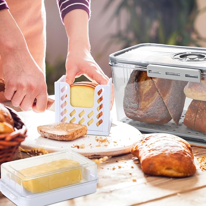 Qinyoung 4 Pcs Airtight Bread Box with Slicer for Kitchen Countertop Butter Dish Lid Time Recording and Drainage Mat Bread Storage Container for Sandwich, Sourdough Rounds, Bagels, Cakes(Gray)