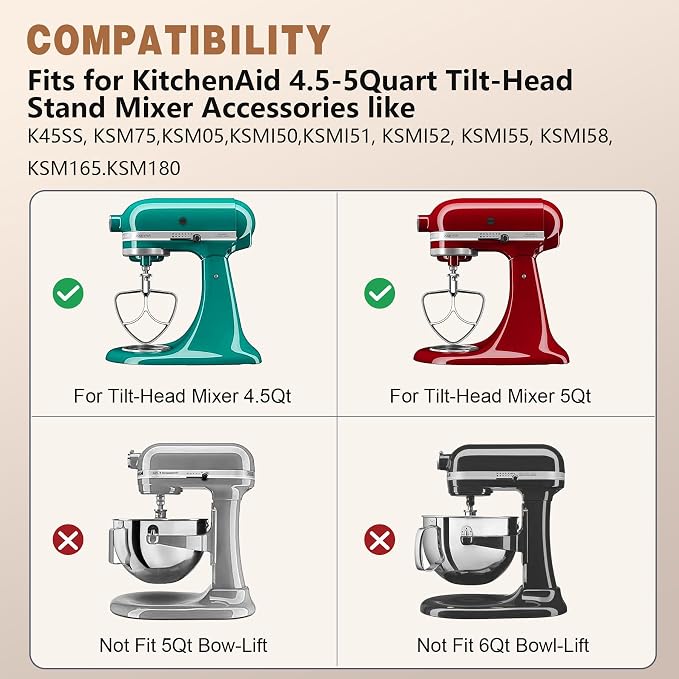 Stainless Steel Flat Beater for KitchenAid Tilt Head Stand Mixer, Polished Paddle Attachment, Fits 4.5-5 Quart Models, Dishwasher Safe