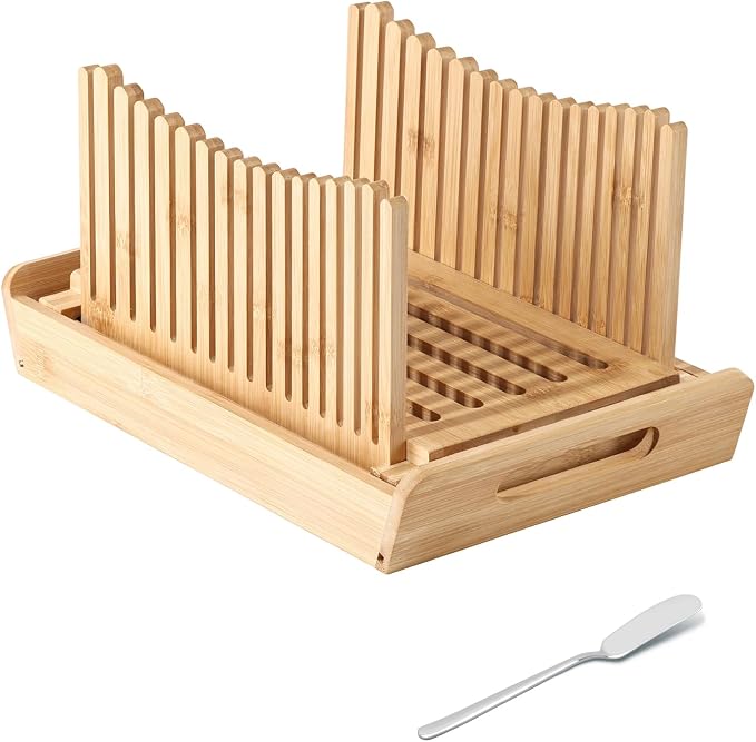 Bamboo Bread Slicer with Cutting Board For Homemade Bread, Adjustable bread slicer with 304 Stainless Steel Butter Scraper, Compact,