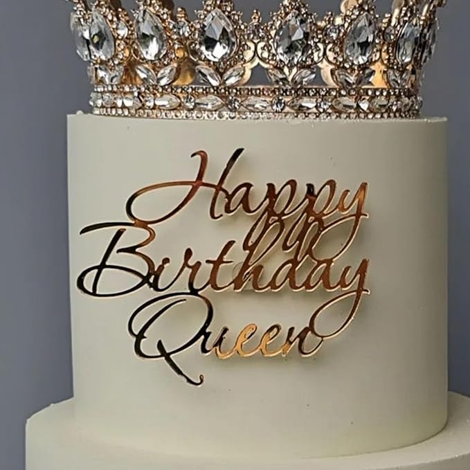Happy Birthday Queen Cake Topper, Acrylic Gold Queen Birthday Cake Decoration for Women Girls Wedding Birthday Engagement Bridal Shower Party Supplies (GOLD1)