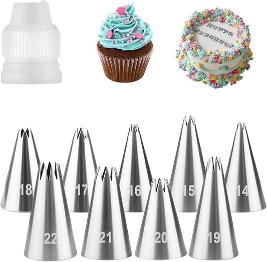 10 Pcs Open Star Piping Tips Set, French Star Tube Frosting Nozzle Kit with Coupler, Stainless Steel Cake Decorating Tips for Cupcakes, Cookies, Pastries, Homemade Desserts and Home Bakers (Star)
