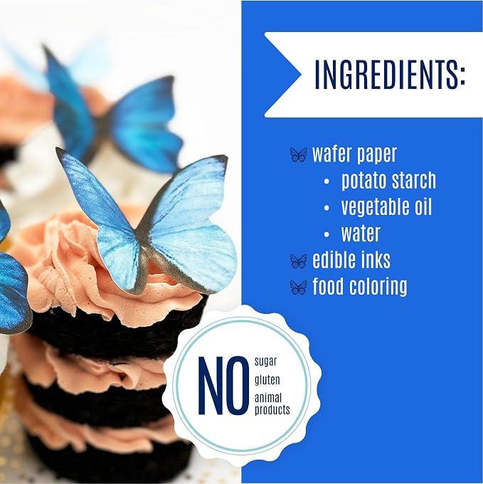 Sugar Robot Edible Butterflies for Cake Decorating- Large Size Butterfly Decorations - Cake Toppers and Cupcake Toppers - Made in the USA - Premium Crafted (Blue)
