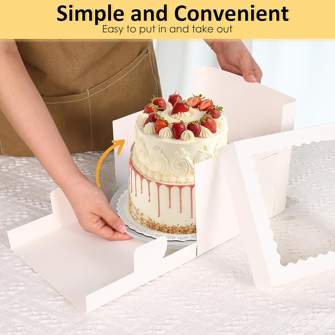 Moretoes 5 Pack Cake Boxes 8 Inch, Bakery Containers with Large Window, 8 Inch White Cake Carrier, Disposable Boxes for Halloween Birthday, Party, Cupcake Cookie Pie Pastry (8x8x8 Inches)