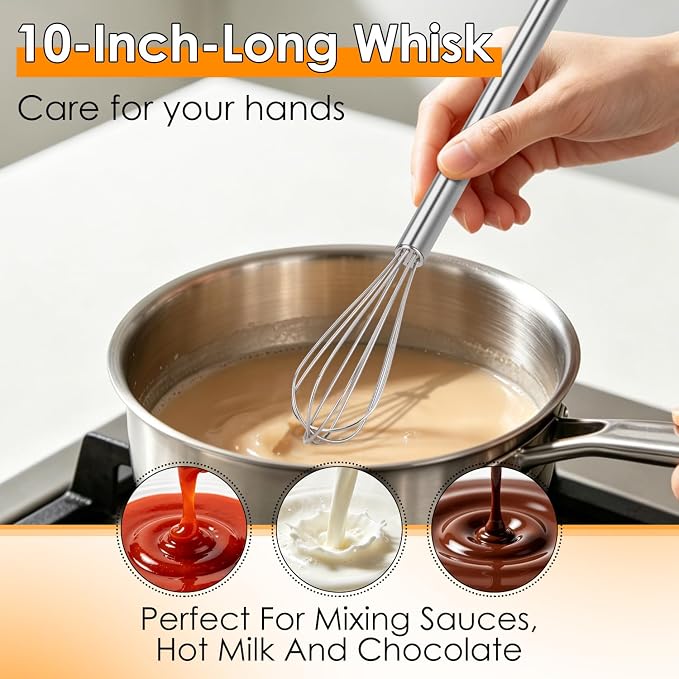 HOTEC 10 Inch Mini Whisk Anti-Rust 304 Stainless Steel Small Whisks for Cooking, Baking, Mixing Ingredients & Deep Containers