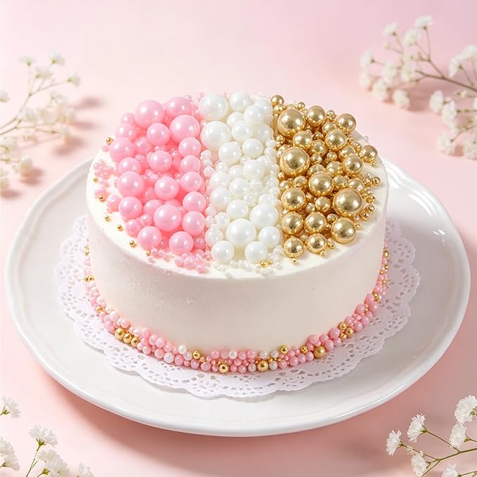 Sentovac Pink White Gold Pearls Sprinkles 4 Size（2mm 4mm 7mm 1cm）Mix for Cake Decorating Candy Cupcake Cake Topper Cookie Baking Decorations Supplies
