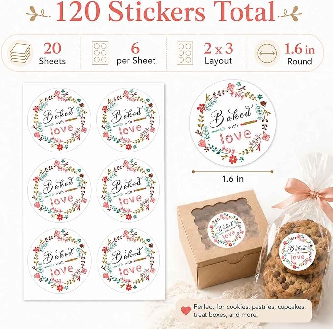 Baked with Love Stickers for Bakery Packaging: Matte Paper Floral Round Labels for Homemade Cookies Bread Cupcakes Treat Bags Small Business Packaging 120 Count 1.6 Inch