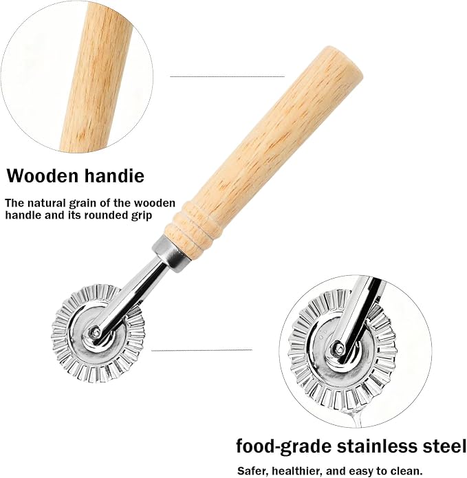Christmas Cookie Cutter Roller Set of 5 – Biscuit Molds with Oak Wooden Handles, Includes Round/Heart/Square Rolling Pastry Cutter for Baking Holiday Cookies & Biscuits