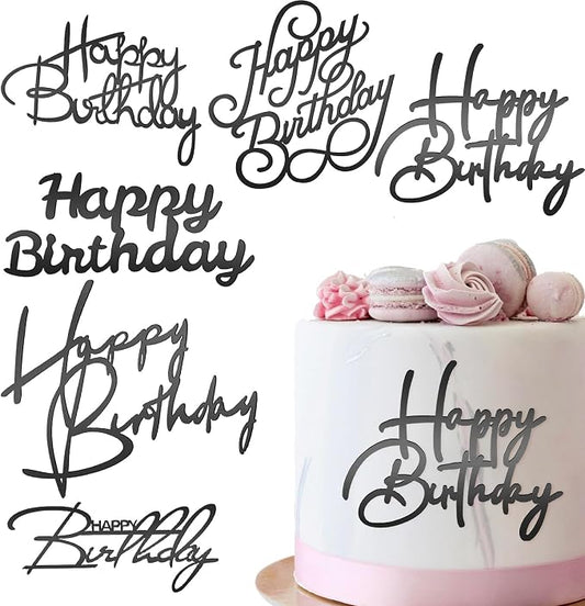 6 PCS Happy Birthday Side Cake Toppers Black Mirror Side Cake Toppers DIY Acrylic Glitter Cake Inserts Celebration Birthday Party Event Cupcake Decorations(Black)（Need to remove the protective film）