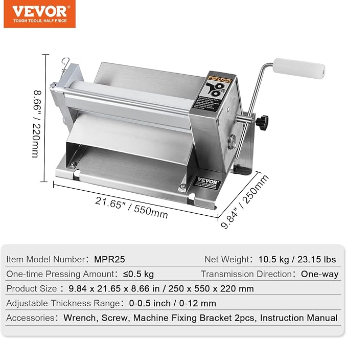 VEVOR Manual Dough Sheeter Machine, Puff Pastry Sheeter and Fondant Roller, Removable Handle, Panel, Roller for Easy Cleaning, Max 1/2 inch Adjustable Thickness, for Home or Small Commercial Kitchens