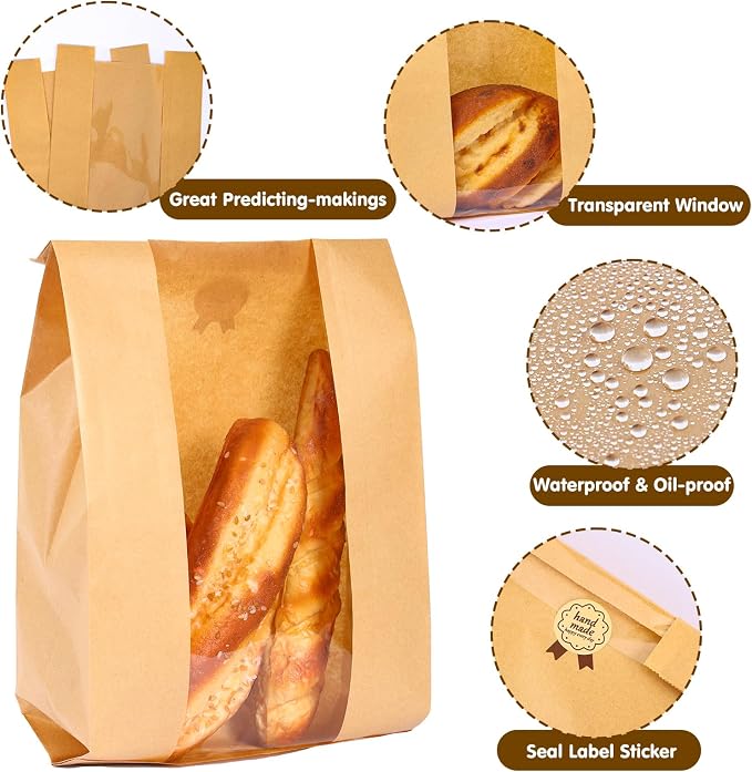 Moretoes Sourdough Paper Bread Bags, 25 Packs With Window for Homemade Baked Food Packaging Storage, Includes Label Seal Stickers (13.7x8.3x3.5 Inch)