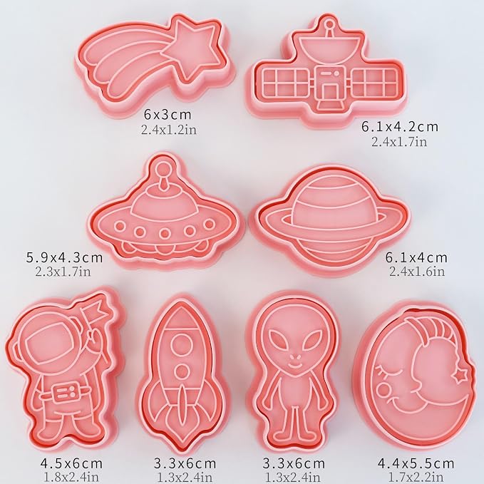 Space Cookie Cutters with Cookie Stamps 8 Pcs 3D Astronaut Planet Rocket Theme Cookie Cutter for Party Baking (Space)
