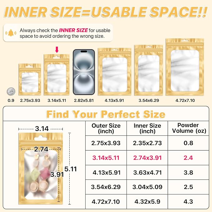 ANZNKU 100 PCS Resealable Mylar Bags with Frosted Clear Window Packaging Bags Foil Pouch Zipper Bag for Food Self Sealing Storage Supplies (3.14x5.11, Light Gold)