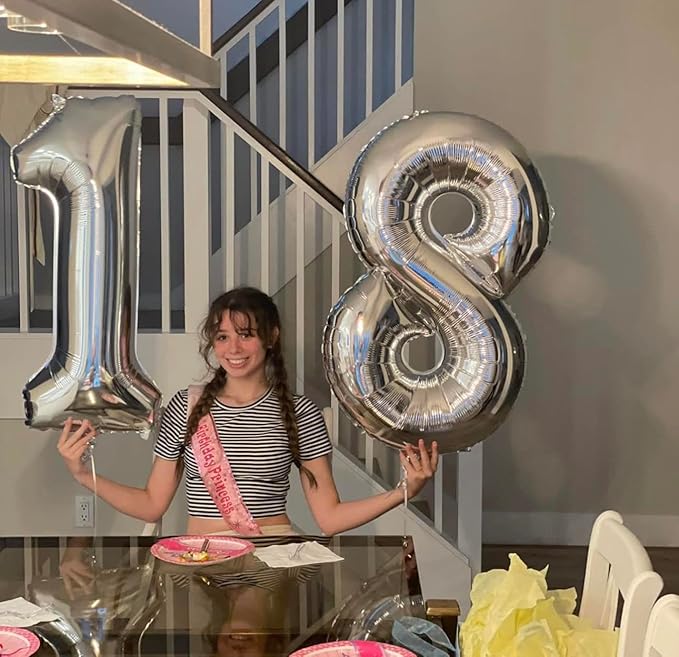Silver Number 18 Balloon 40 inch, 18 Number Balloons, 18th Silver Birthday Decorations for Girls Boys Kids, 18 Year Old Silver Party Supplies