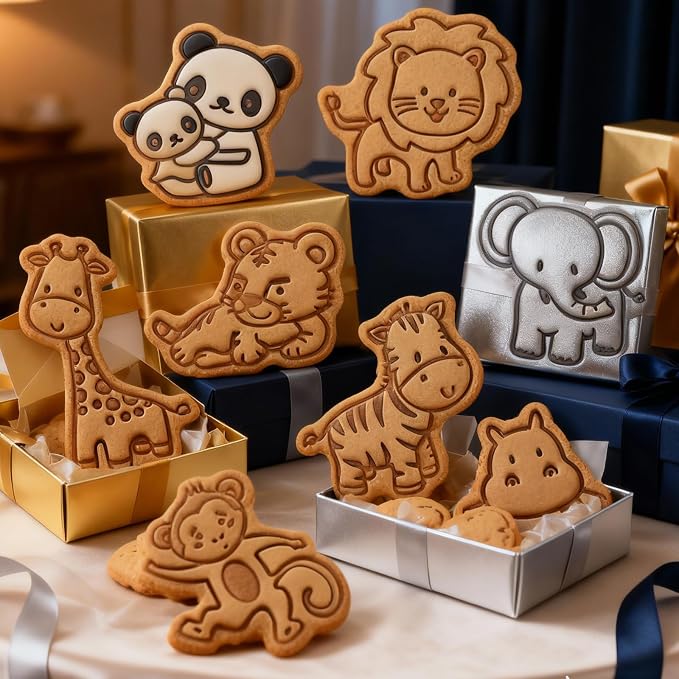 8 Pcs Cute Animal Cookie Cutters Set With Plunger Stamps Unique 3D Zoo-Themed Embossing Cutters for Baking Biscuit Muffins Royal Icing Decorations Fondant Cheese Cupcake Apple Pie Pancakes