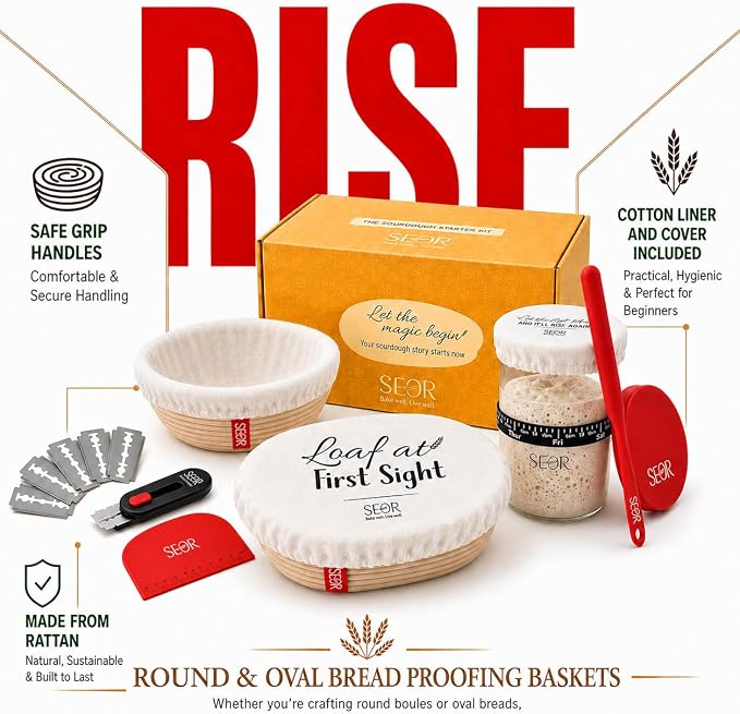 SEOR Premium Sourdough Starter Kit 42oz Glass Jar – Complete Sourdough Bread Baking Supplies with Banneton Proofing Baskets, Sour dough Tools & Accessories, Bread Making Kit