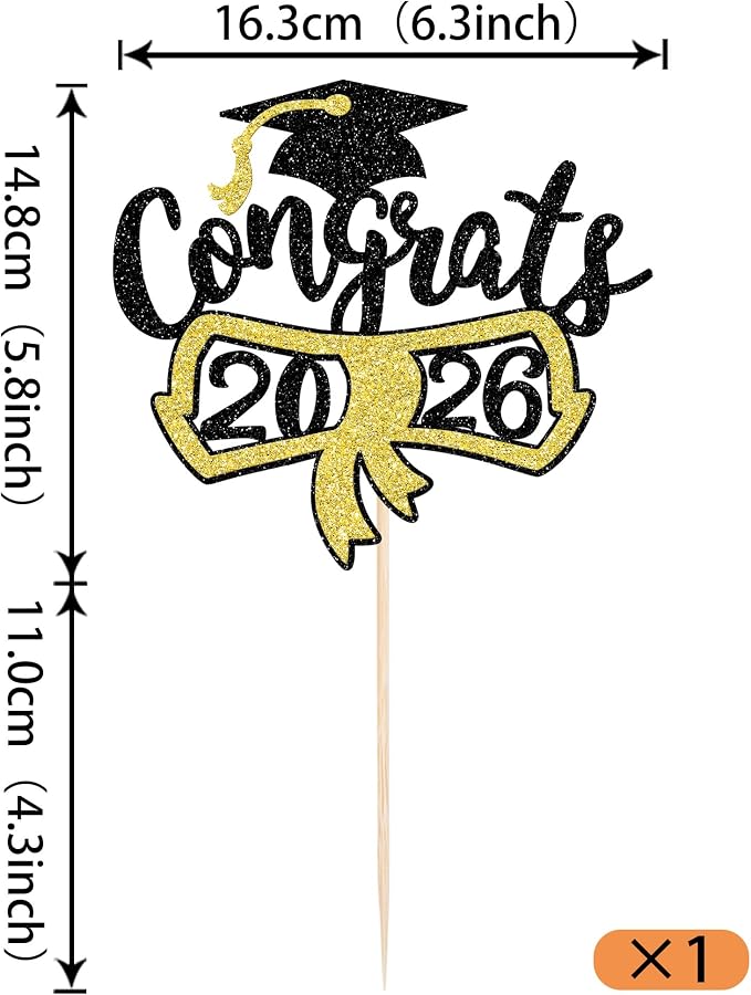 1 Pack Congrats Grad Cake Topper with Black Gold Glitter Diploma Graduation Cap Cake Pick Contrats Class of 2024 Cake Decorations for 2024 Graduation Theme High School Boys Girls Graduate Party