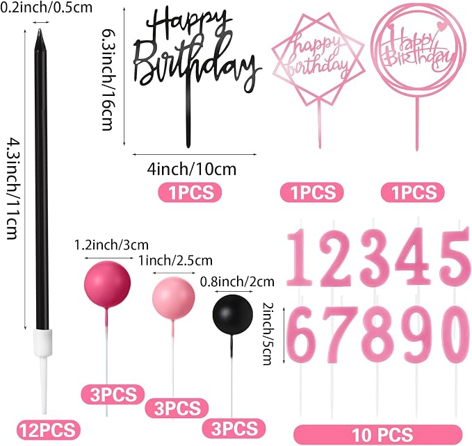 Yerliker 34 Pcs Happy Birthday Cake Toppers Decorations Birthday Candles DIY Cake Decor for Men Women Wedding Anniversary(Black Pink Rose Red)