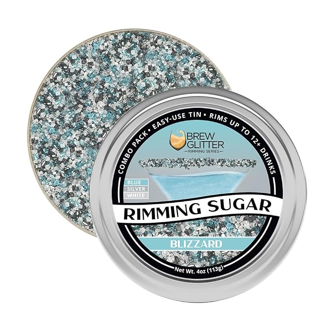 Brew Glitter Colorful Rimming Sugar Series - Blizzard (Blue, Silver & White) Cocktail Garnish for Mixed Drinks & Refreshments (4oz, 1x Bar Tin)