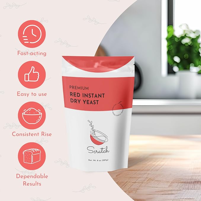 Scratch Red Instant Dry Yeast– All-Purpose Baking Yeast for Bread, Rolls, Sandwich Loaves, Pizza Dough & Bread Machines - (Red 8oz) (1 Packet)