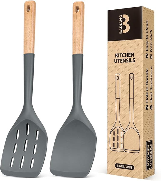 Pack of 2 Silicone Spatula, Non Stick Cooking Utensil Set Wooden Handle Kitchen Turner for Baking Mixing Grilling Serving Food Heat Resistant Non Scratch Hooks Included (Grey)