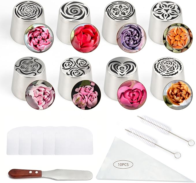 26-Piece Extra Large Russian Piping Nozzles Set Stainless Steel Rose Tulip Piping Tips, 8 Nozzles 2 Brushes 10 Piping Bags 1 Spatula 5 Scraper Cake Decorating Baking Tools (XXL, 22Piece)