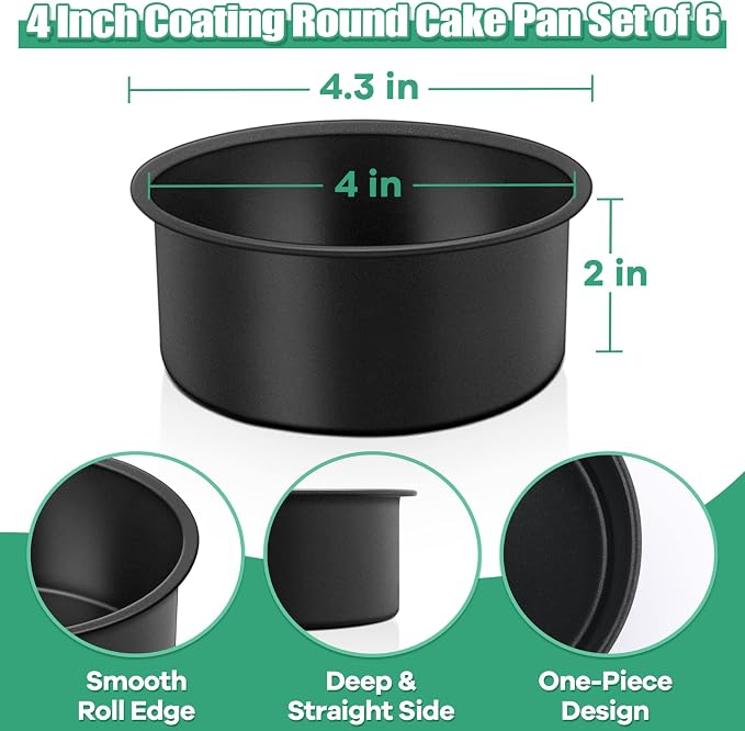 TeamFar 4 Inch Cake Pan, 6pcs Mini Round Baking Layer Cake Pan, with Non-Stick Coating Stainless Steel Core for Birthday, Party, Wedding, Healthy & Heatproof, Release Easily & Easy Clean