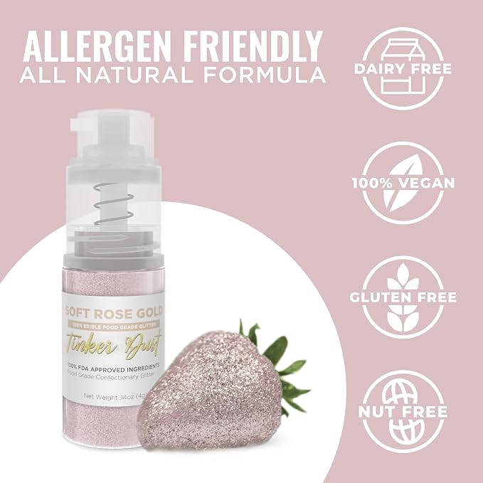 Bakell - Soft Rose Gold Tinker Dust (4g, 1x Mini Spray Pump) Edible Glitter for Food, Desserts, and Baked goods!