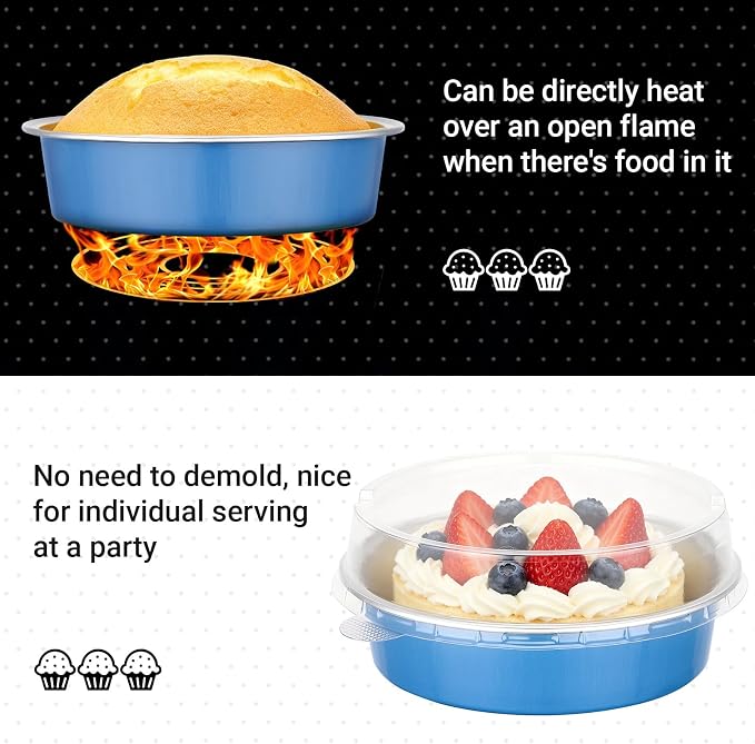 Beasea Mini Tart Pans with Lids 20 Pack, 4" 7.3oz Disposable Aluminum Foil Baking Tins Cups Round Pie Container for Individual Cupcake Dessert Muffin Cheesecake Quiche - Moon Blue