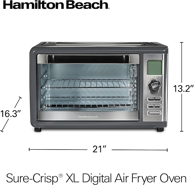 Hamilton Beach Countertop Digital Air Fryer Oven with Sure-Crisp, 6-in-1 Functionality, 150-450⁰F Temp Range, 1800W, XL Capacity for 2 12” Pizzas, Two 9” x 13” Pans and 4 Rack Positions, Grey (31390)