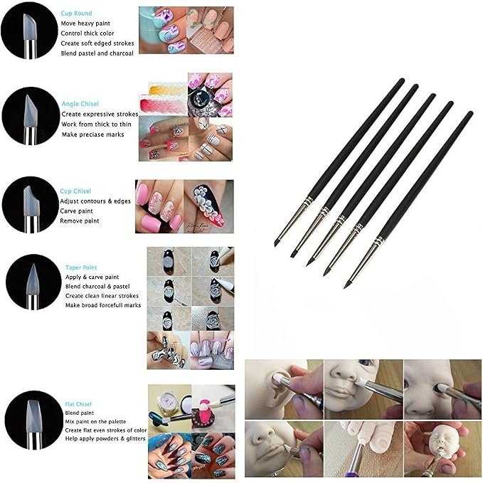 COMIART 5pcs Flexible Clay Sculpture Tools Silicon Color Shaper Brushes Size 0