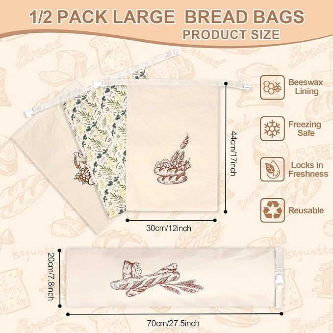 1pack French Baguette Bread Bags for Homemade Bread Beeswax Bread Bag Baking Loaf Storage Bags 27.5 x 7.8 in