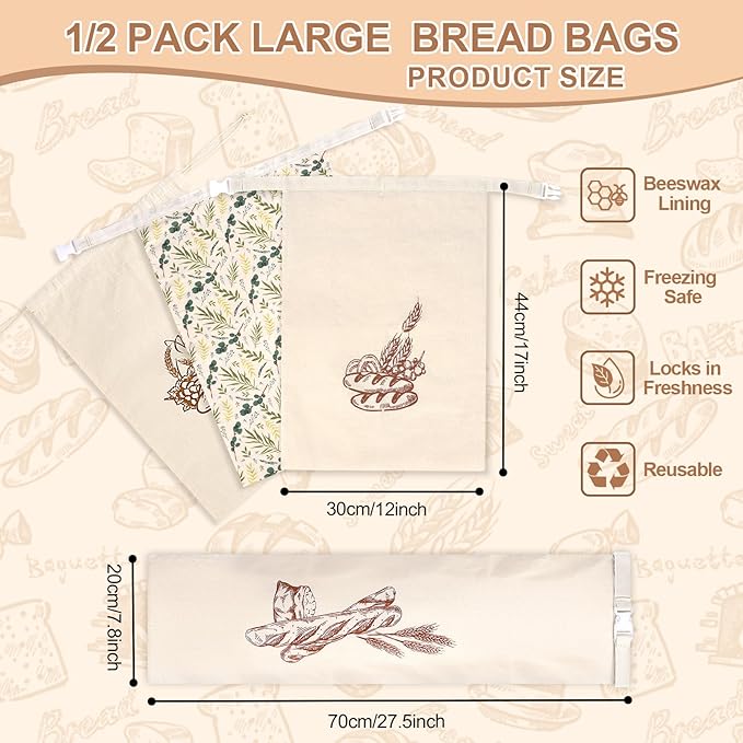 2pack Beeswax Linen Bread Bag Large Reusable Sourdough Bread Bags | 17 x 12 in, Beeswax Liner, Buckle Closure, Keep Bread Fresh, Baking Storage, Green Leaves Design