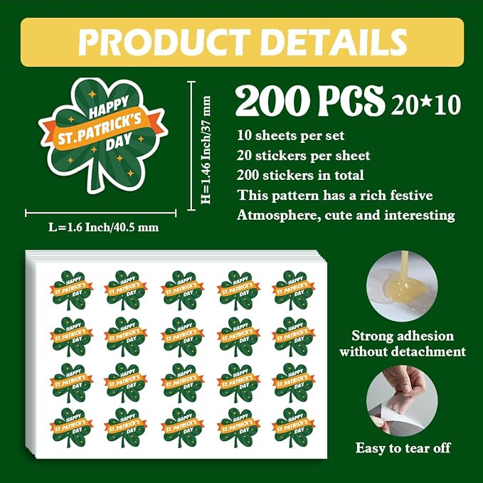 200 PCS Happy St. Patrick's Day Packaging Stickers,Clover Sticker for Small Business Envelopes Shipping Boxes Gift Packaging