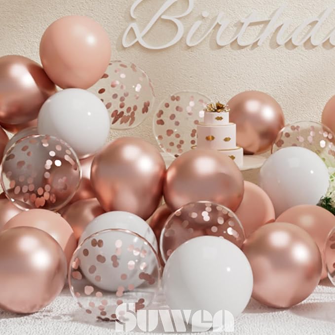 SUWEN 60PCS Metallic Rose Gold Confetti Balloons Set Latex Helium Chrome Rose Gold Balloon for Birthday Wedding Bridal Shower Anniversary Party Decorations