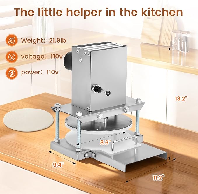 8.6" Electric Pizza Dough Press Machine– Stainless Steel Electric Dough Sheeter for Bakery, Home & Commercial Use, Electric Pizza Press for 1-2 People Includes 400 Parchment Paper