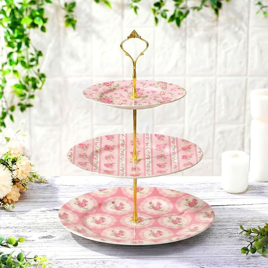 Lallisa 3 Tier Tea Party Cake Stand 10", 9" and 7" Ceramic Shabby Floral Dessert Stand with Metal Rack Coquette Cupcake Tower for Wedding Bridal Shower Baby Shower Decoration