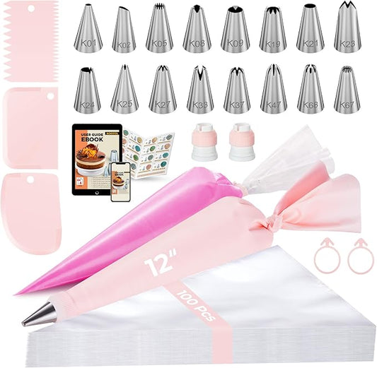 Kootek 124Pcs Icing Piping Bags and Tips Set, Cake Decorating Kit with 100 Anti Burst Piping Bags 12 Inch, 16 Icing Tips, Reusable Pastry Bag, 3 Scrapers, 2 Couplers, 2 Bag Ties (Pink)