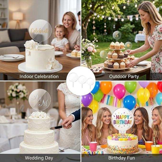 4Pcs Acrylic Cake Topper, 2Pcs 4 Inch and 2Pcs 6 Inch Custom Cake Toppers, Round Cake Decorations for Baking and Dessert Displays